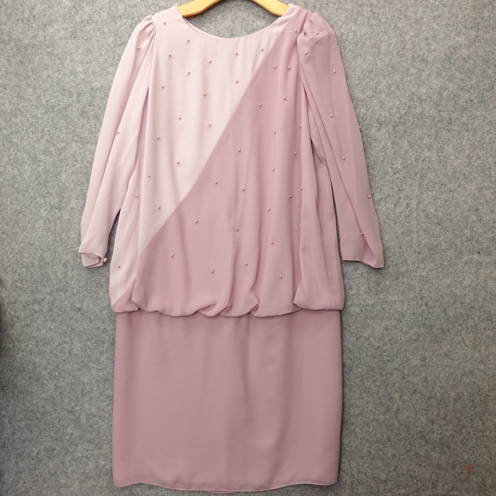 Vintage 80s Blouson Dress Women Purple Mother of the Bride Pearl Drop Waist L XL